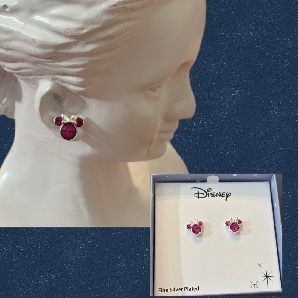 Disney Pink Fuchsia Minnie Mouse Headshot Brass Silver Plated Stud Earrings